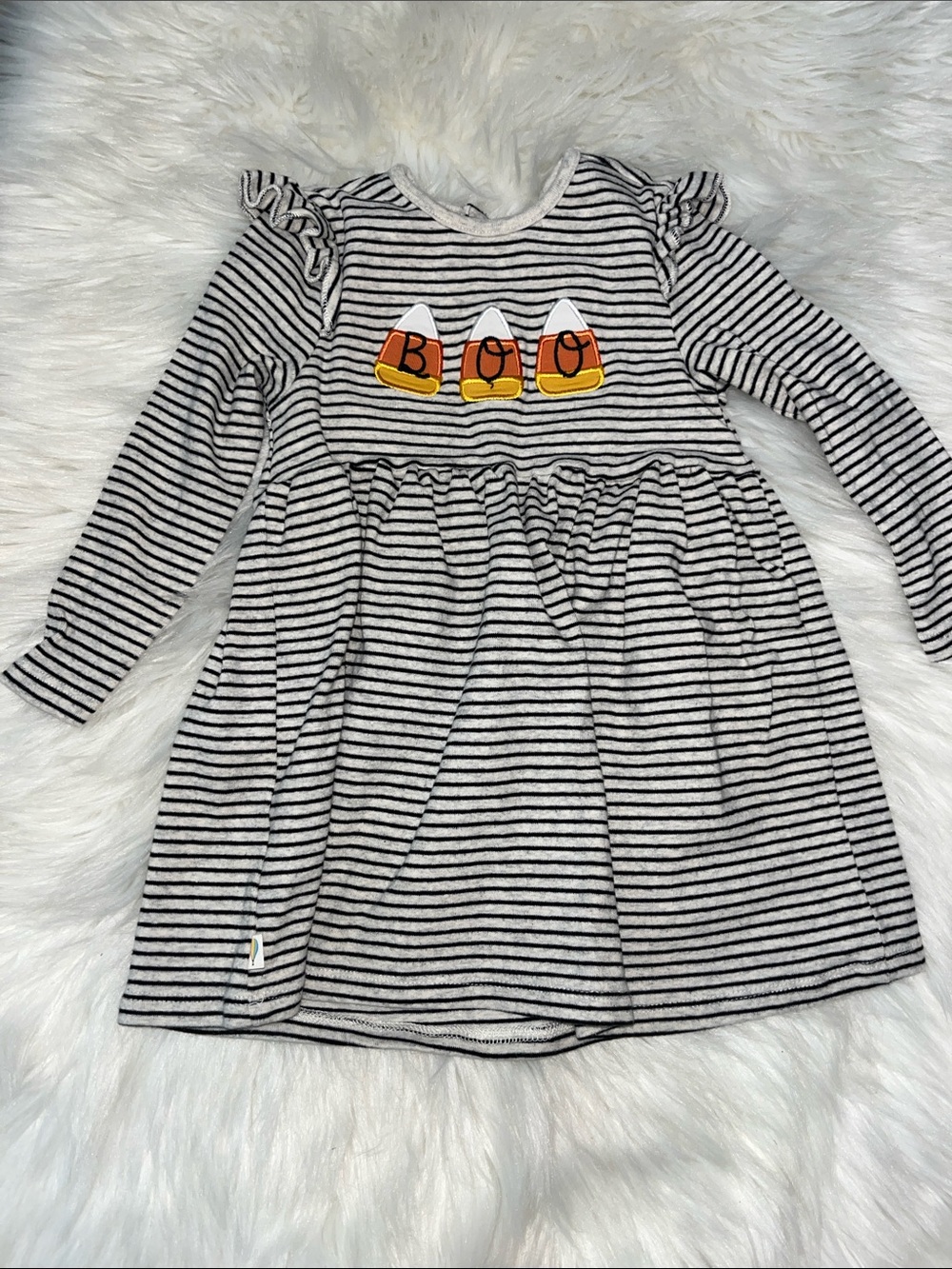 Striped Black & White Long-Sleeve Girls' Dress with Candy Corn 'Boo'